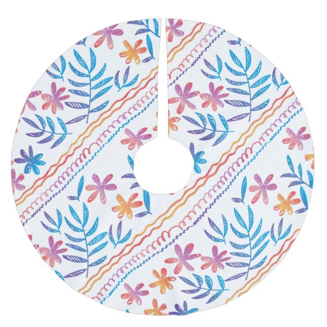 Hand drawn tropical flowers, leaves pattern. brushed polyester tree skirt (Front)