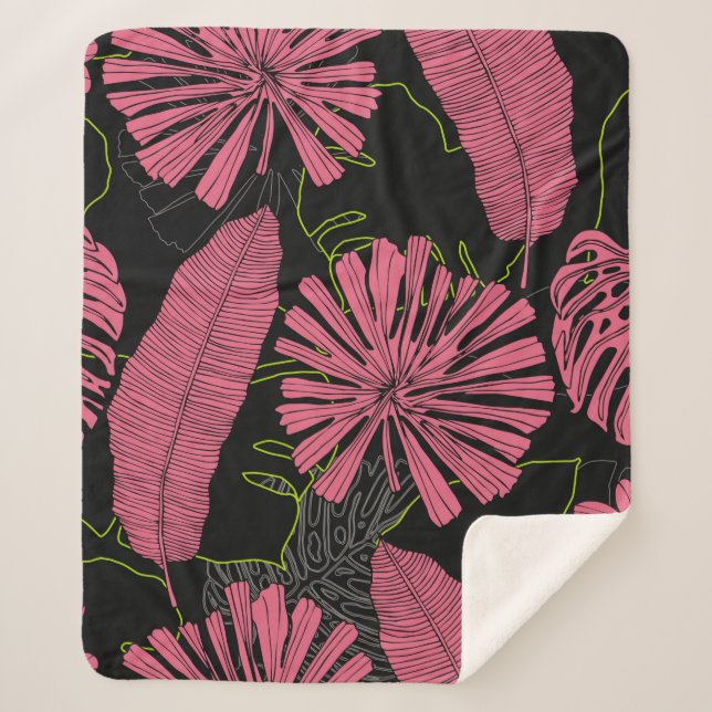 Hand drawn tropical leaves. Exotic plant. Tropical Sherpa Blanket (Front)