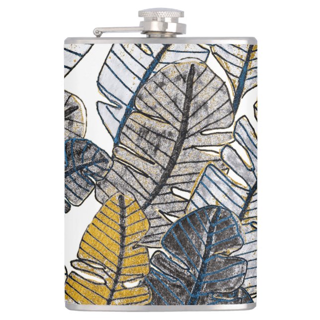 Hand Drawn: Tropical Leaves Hip Flask (Front)