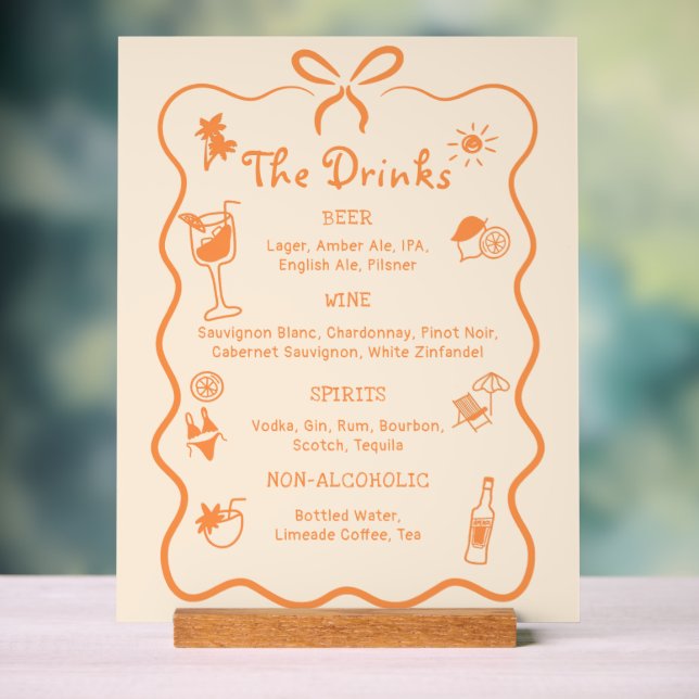 Hand Drawn Tropical Wedding Bar Drink Menu Acrylic Sign (Neutral)