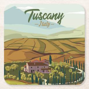 Hand Drawn Tuscany Italy Landscape Scenery Sketch Square Paper Coaster