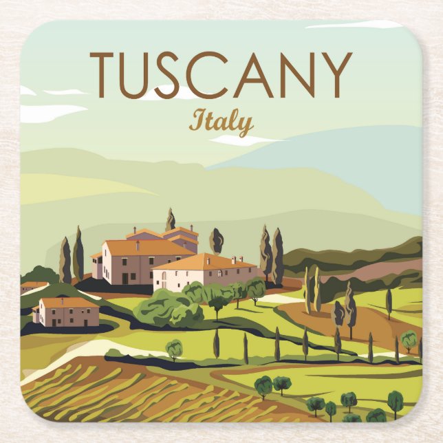 Hand Drawn Tuscany Italy Landscape Scenery Sketch Square Paper Coaster (Front)