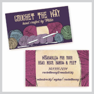 Hand drawn twisted yarn hank skein crochet hooks business card