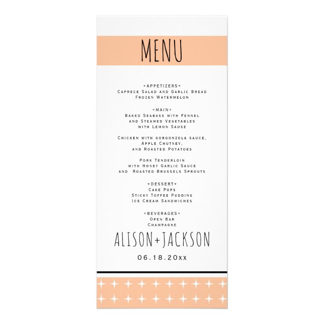 Hand drawn typography peach wedding menu card (Front)