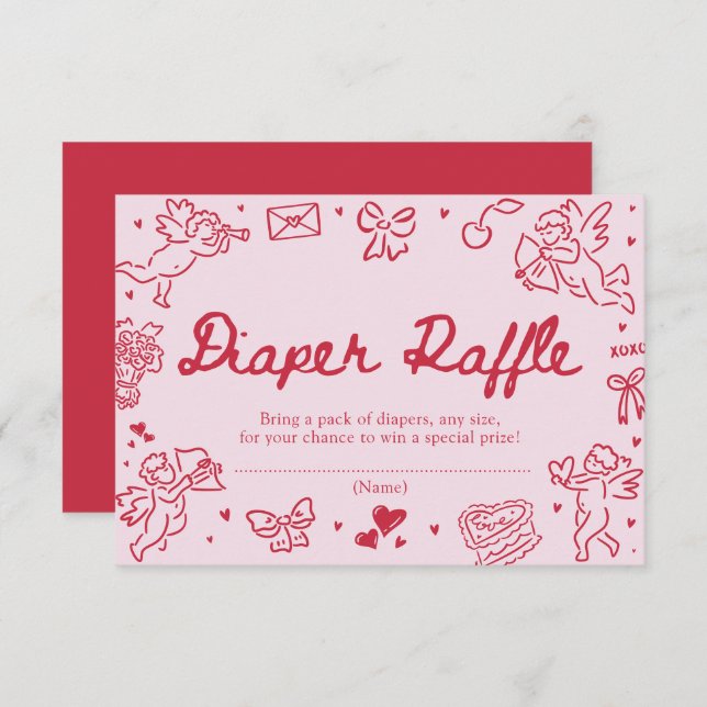 Hand Drawn Valentine Baby Shower Diaper Raffle Enclosure Card (Front/Back)