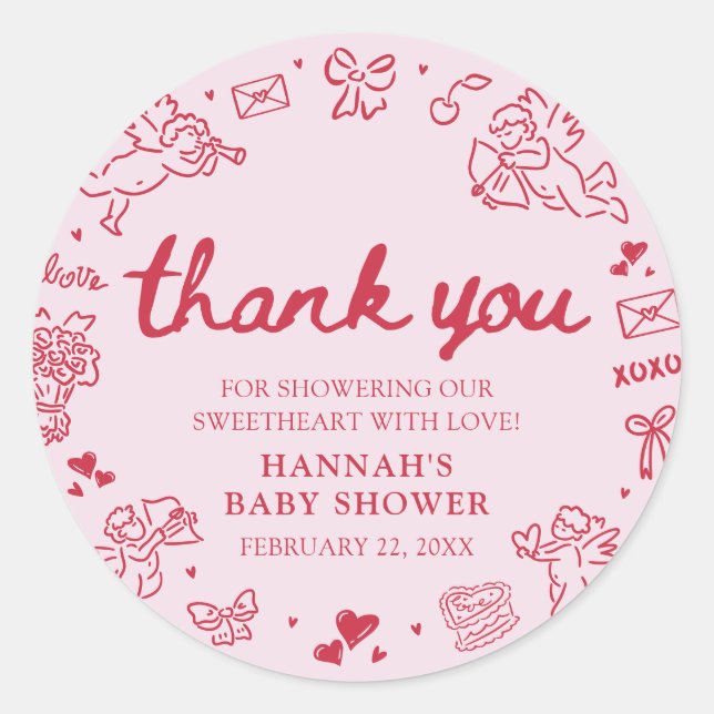 Hand Drawn Valentine Little Sweetheart Baby Shower Classic Round Sticker (Front)