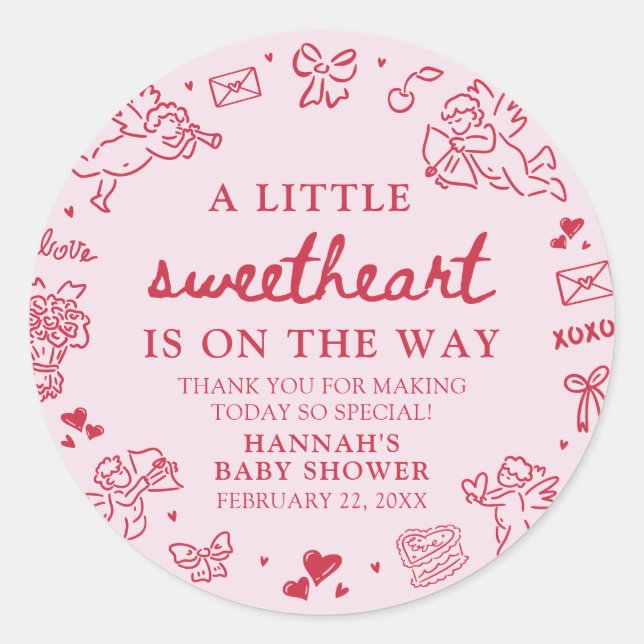 Hand Drawn Valentine Little Sweetheart Baby Shower Classic Round Sticker (Front)