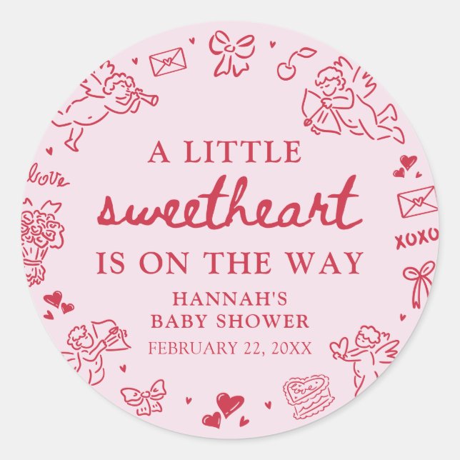 Hand Drawn Valentine Little Sweetheart Baby Shower Classic Round Sticker (Front)