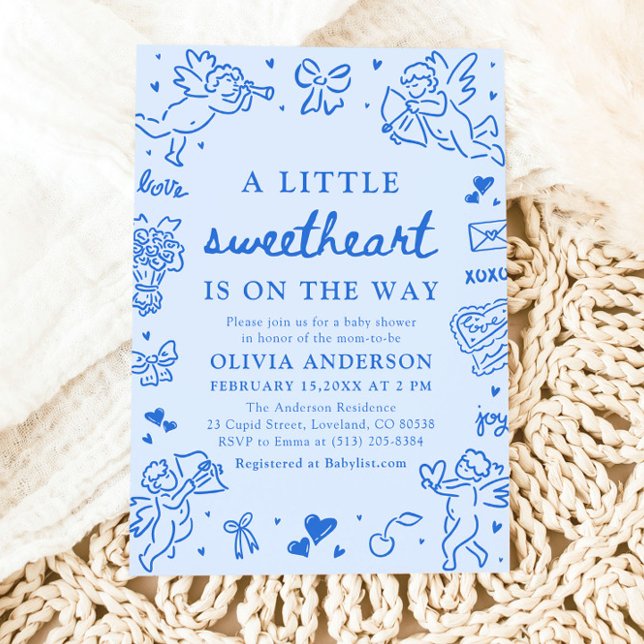 Hand Drawn Valentine Little Sweetheart Baby Shower Invitation (Blue Hand Drawn Valentine Little Sweetheart Baby Shower Invitation)
