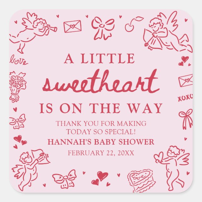 Hand Drawn Valentine Little Sweetheart Baby Shower Square Sticker (Front)