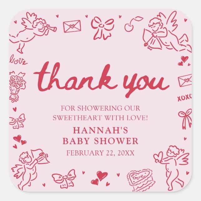 Hand Drawn Valentine Little Sweetheart Baby Shower Square Sticker (Front)