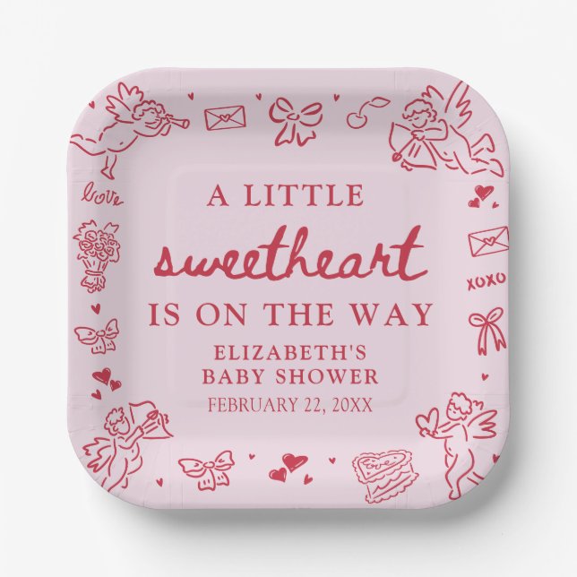 Hand Drawn Valentine Little Sweetheat Baby Shower Paper Plate (Front)