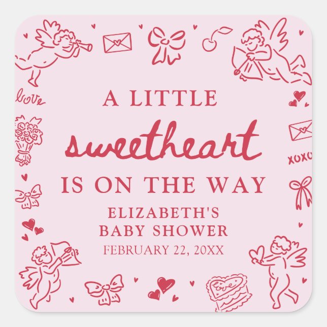 Hand Drawn Valentine Little Sweetheat Baby Shower Square Sticker (Front)