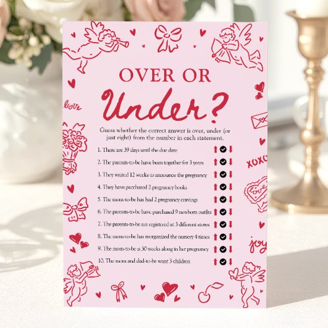 Hand Drawn Valentine Over Or Under Baby Shower Invitation (Hand Drawn Valentine Over Or Under Baby Shower Game)
