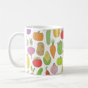Hand-drawn vegetables, vintage doodle background. coffee mug