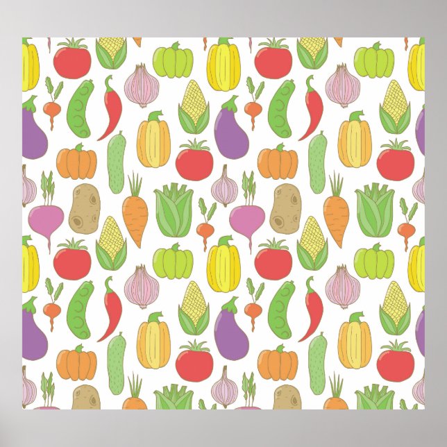 Hand-drawn vegetables, vintage doodle background. poster (Front)