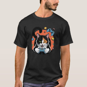 Hand-Drawn Video Game Calico Cat Gaming Artistic T-Shirt