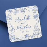 Hand Drawn Vintage Blue Wedding Square Sticker<br><div class="desc">Personalised Hand-Drawn Quirky Blue Wedding Stickers. These fun and playful square wedding stickers feature quirky doodle illustrations surrounding the design, all in a vibrant blue theme with an off-white background. Elements like a champagne tower, wedding cake, disco ball, hearts, wedding bells, rings, cameras, and more create a whimsical and celebratory...</div>