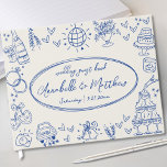 Hand Drawn Vintage Blue Whimsical Wedding Guest Book<br><div class="desc">Vintage-Inspired Whimsical Wedding Guest Book. This charming and playful design is perfect for couples seeking a unique and lighthearted keepsake with a touch of nostalgia for their special day. Set against a vintage off-white or aged background, the guest book features hand-drawn illustrations in soft blue tones that flow seamlessly across...</div>