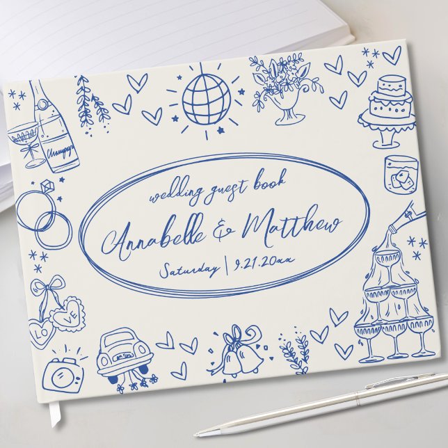 Hand Drawn Vintage Blue Whimsical Wedding Guest Book (Hand Drawn Vintage Blue Whimsical Wedding Guest Book)