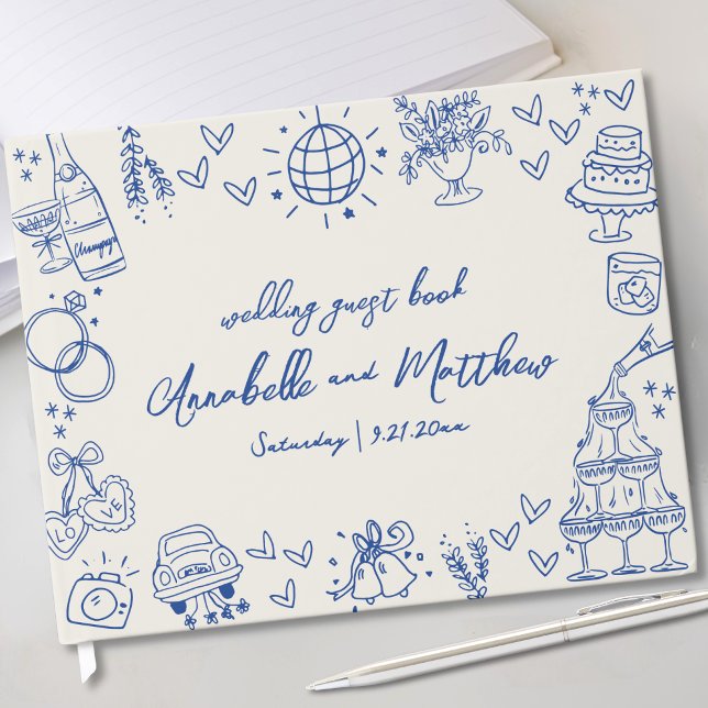 Hand Drawn Vintage Blue Whimsical Wedding Guest Book (Hand Drawn Vintage Blue Whimsical Wedding Guest Book)