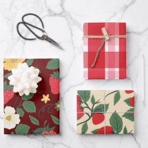 Hand-drawn Vintage Botanical Strawberry Gingham Wrapping Paper Sheet
