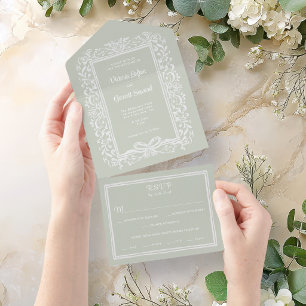 Hand Drawn Vintage Bow on Sage BG All In One Invitation