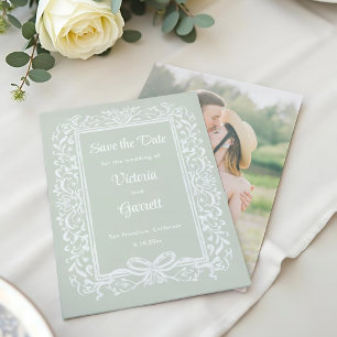 Hand Drawn Vintage Bow on Sage BG Save The Date