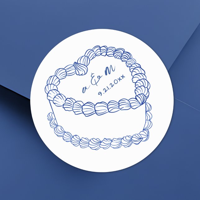 Hand Drawn Vintage Cake Blue Whimsical Wedding Classic Round Sticker (Hand Drawn Vintage Cake Blue Whimsical Wedding Classic Round Sticker)