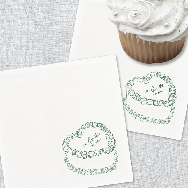 Hand Drawn Vintage Cake Emerald Green Wedding Napkin (Hand Drawn Vintage Cake Emerald Green Wedding Napkins )