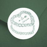 Hand Drawn Vintage Cake Green Whimsical Wedding Classic Round Sticker<br><div class="desc">Personalised Vintage Cake Wedding Monogram Stickers. These custom round wedding stickers feature a simple vintage-style cake illustration at the centre, topped with the couple’s monogram initials and wedding date for a timeless and elegant touch. The minimalist design uses a mix of handwritten and script fonts in emerald green, keeping the...</div>