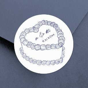 Hand Drawn Vintage Cake Navy Blue Wedding Classic Round Sticker