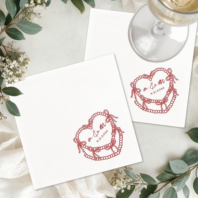 Hand Drawn Vintage Cake Red Whimsical Wedding Napkin (Hand Drawn Vintage Cake Red Whimsical Wedding Napkins)