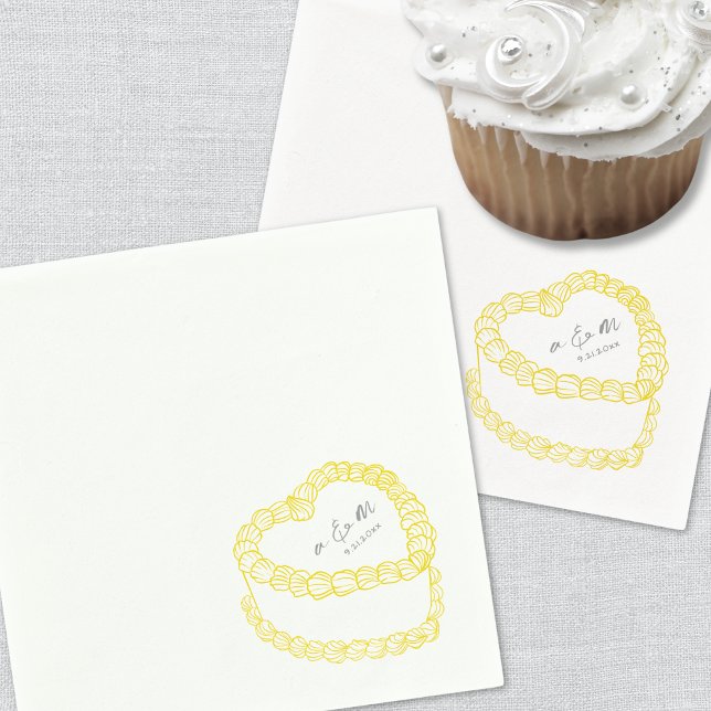 Hand Drawn Vintage Cake Yellow Whimsical Wedding Napkin (Hand Drawn Vintage Cake Yellow Whimsical Wedding Napkins)