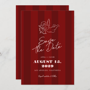 Hand Drawn Vintage Cherub Red Striped Wedding Save The Date