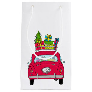 Hand drawn vintage Christmas car Small Gift Bag
