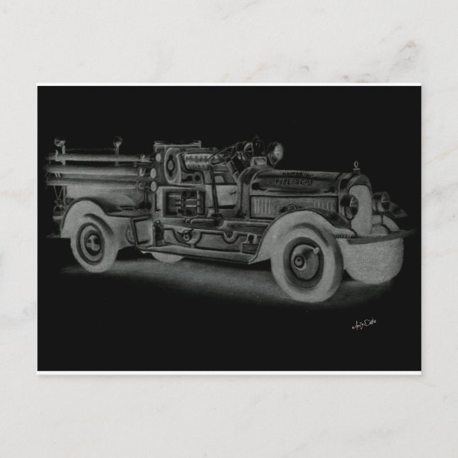 hand drawn vintage fire truck inverse postcard (Front)