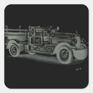 hand drawn vintage fire truck inverse square sticker
