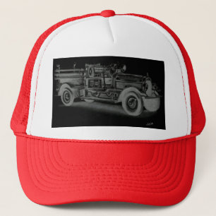 hand drawn vintage fire truck inverse trucker hat