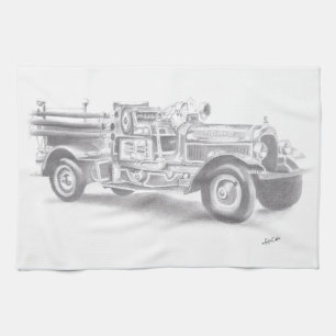 hand drawn vintage fire truck sketch tea towel