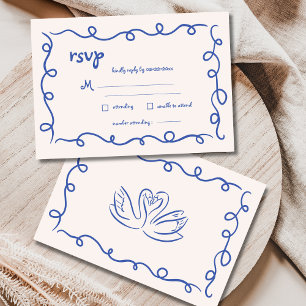 Hand Drawn Vintage French Blue Whimsical Wedding RSVP Card