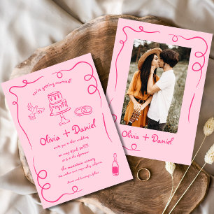 Hand Drawn Vintage French Pink Whimsical Wedding Invitation