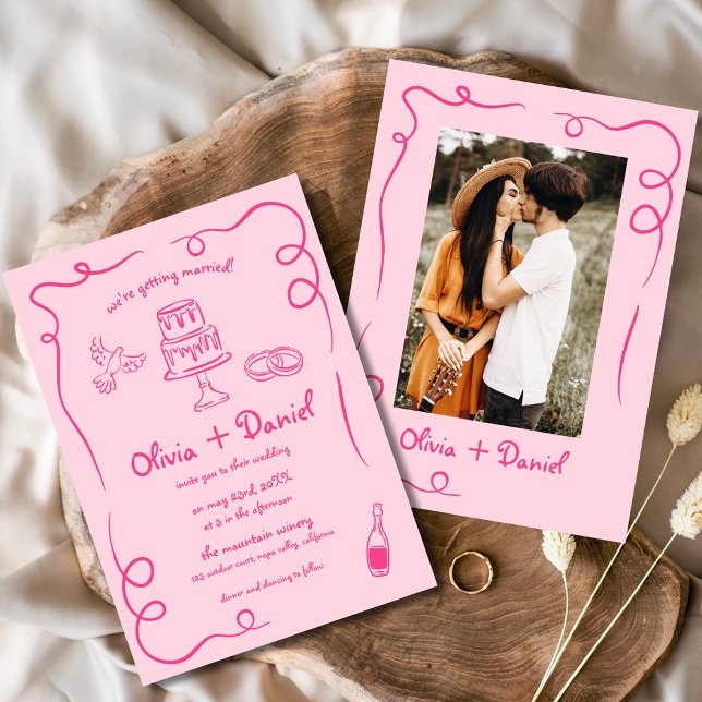 Hand Drawn Vintage French Pink Whimsical Wedding Invitation (Creator Uploaded)
