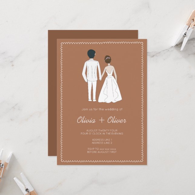 Hand drawn vintage french terracotta wedding invitation (Front/Back In Situ)