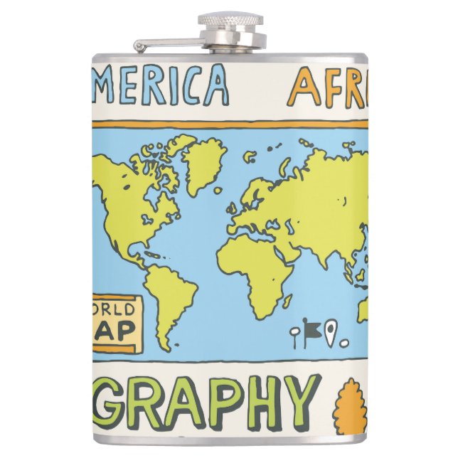 Hand Drawn Vintage Geography Illustration Hip Flask (Front)