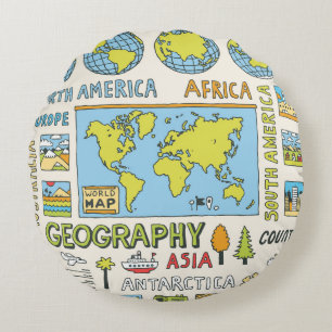 Hand Drawn Vintage Geography Illustration Round Cushion