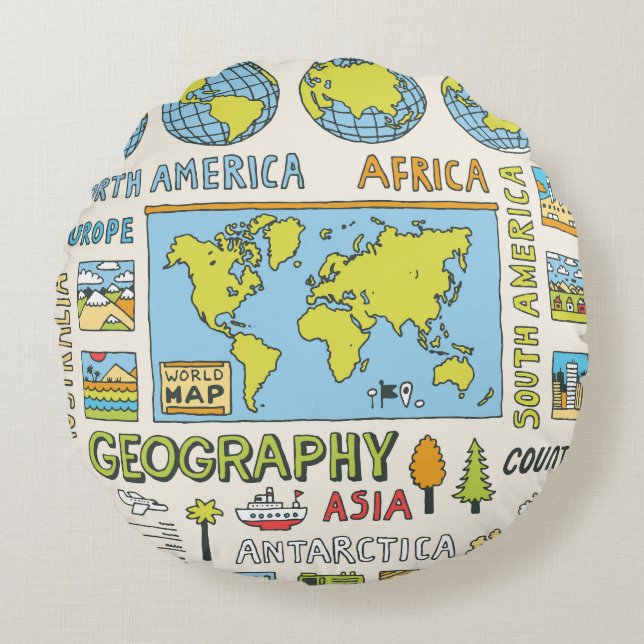 Hand Drawn Vintage Geography Illustration Round Cushion (Front)
