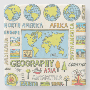 Hand Drawn Vintage Geography Illustration Stone Coaster