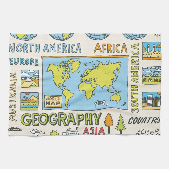 Hand Drawn Vintage Geography Illustration Tea Towel (Horizontal)