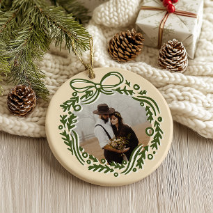 Hand-Drawn Vintage Inspired Christmas Wreath Ceramic Tree Decoration